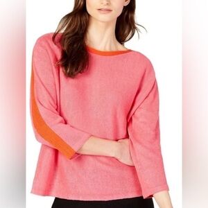 Eileen Fisher Pink and Orange Contrast-Trim 100% Organic-Linen Sweater Small